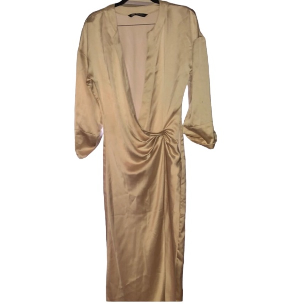 Zara XS-Small Ivory long sleeve silky faux wrap side zip midi dress runs large